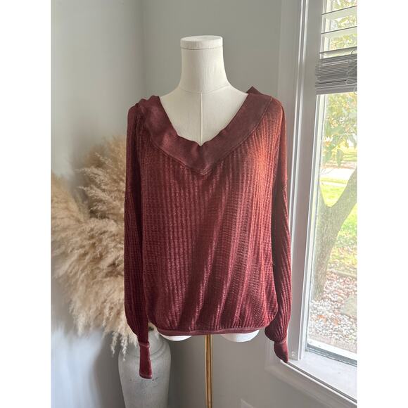 Free People Southside Thermal V-Neck Top XS Burgundy Red Slouchy Waffle Knit - Picture 2 of 8